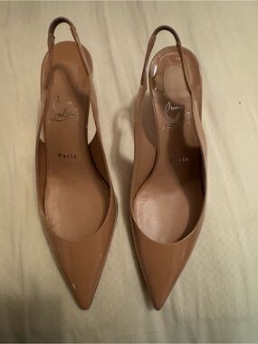 Christian Louboutin Hot Chick 70mm Patent Nude/Tan Slingback Pointed Pumps